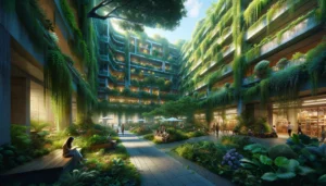 Pasig Create a detailed close up of the Ortigas Center Jungleification Project, focusing on a specific area where the integration of greenery into th3