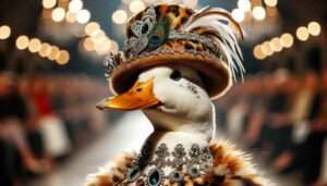 Pateros Create a detailed close up image capturing the essence of a standout moment from the Duck Fashion Show in Pateros. Focus on one duck, the star 3