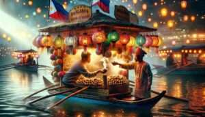 Pateros the floating balut stands in Laguna de Bay, focusing on the vendor and their colorful, illu3