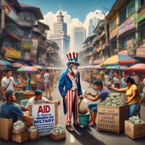 Screw the News Photo A satirical scene set in Manila, depicting a role reversal with Uncle Sam as a financially destitute character, symbolizing the U.S. government's mism11