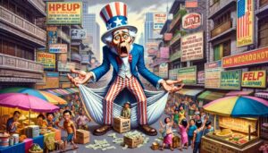 Screw the News Photo Create a close up, wide aspect illustration in the style of Mad Magazine, focusing on a satirical scenario where Uncle Sam is financially destitute in13