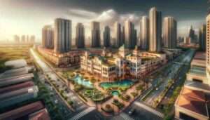 Taguig News Capture a panoramic view of McKinley Hill in Manila, showcasing its blend of modern and Venetian inspired architecture. The scene is vibrant , w3