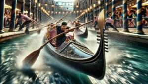Taguig News Visualize a close up, dynamic scene of a gondola racing through the water, focusing on the intense expressions of the oarsman and the detailed 2