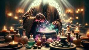 Valenzuela Zoom in on the intricate details of the magical potion brewing process in the secret classroom at Fatima University. This close up scene focuses on th3