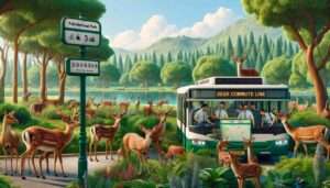 Valenzuela whimsical and heartwarming scene where wild deer from the Polo National Park have adapted to modern life and are seen commuting by bus. In t1