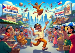 Bagong Pilipinas - A humorous and satirical illustrative style wide image showing the top ten positive aspects of 'Bagong Pilipinas'. The scene should depict exaggerated1