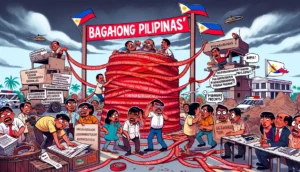 Bagong Pilipinas - A satirical and humorous illustrative style wide image showing the top ten negative aspects of 'Bagong Pilipinas'. Illustrate comically pessimistic an2