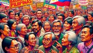 Bagong Pilipinas - A vibrant  and detailed illustrative style closeup image depicting a diverse group of Filipino individuals engaging in animated discussions about 'Bago2
