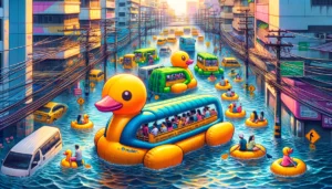 A vibrant and detailed illustrative closeup image of Malabon's flood-proof transport solution, featuring giant inflatable ducks used for public commut A vibrant and detailed illustrative closeup image of Malabon's flood-proof transport solution, featuring giant inflatable ducks used for public commut