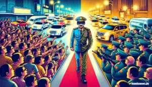 EDSA Traffic -- An imaginative and vivid illustration representing a reality show idea where celebrities swap lives with EDSA traffic enforcers for a week. The scene 2