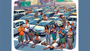 Holy Week Photo -- Create a detailed and humorous close-up illustration of the scene 'Holy Week in Manila Traffic Standstill Declared a New Form of Station of the Cross2 Holy Week Photo -- Create a detailed and humorous close-up illustration of the scene 'Holy Week in Manila Traffic Standstill Declared a New Form of Station of the Cross2