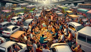 Holy Week Photo -- Enhance the illustration of 'Manila's Traffic Transforms into a Spiritual Journey During Holy Week'. Create a more immersive and detailed depiction of3 Holy Week Photo -- Enhance the illustration of 'Manila's Traffic Transforms into a Spiritual Journey During Holy Week'. Create a more immersive and detailed depiction of3