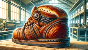 Manila New -- A close-up, vibrant, and detailed illustrative style image focusing on 'The Leather Loaf' from Marikina's innovative venture. The scene zooms in on th3 Manila New -- A close-up, vibrant, and detailed illustrative style image focusing on 'The Leather Loaf' from Marikina's innovative venture. The scene zooms in on th3