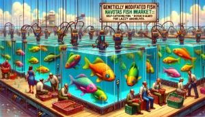 Manila New -- A vibrant and detailed illustrative style image depicting 'Genetically Modified Fish Navotas Fish Market's Innovative Offering Self-Catching Fish fo2