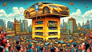 Manila News -- A detailed and vivid illustration in the style of Al Jaffee for a mock news report titled 'Manila's Million Peso Parking Spot Worth Its Weight4