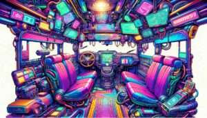 Manila News -- A fun and satirical image depicting the interior of a futuristic Cyber Jeepney, based on the previous concept of Manila's iconic ri4 Manila News -- A fun and satirical image depicting the interior of a futuristic Cyber Jeepney, based on the previous concept of Manila's iconic ri4