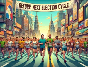Manila News -- A fun and urban illustrative scene depicting runners in Metro Manila, Philippines, humorously pledging to finish a marathon 'Before Next Electi2