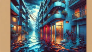 Manila News -- A illustrative style image of a flooded street-level apartment under an overcast sky. The scene is a closeup, showing water inund2