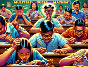 Manila News -- A vibrant and detailed close-up illustrative style image focusing on a group of students in a Manila classroom during 'Multiple Guess Mayhem.' The clo3 Manila News -- A vibrant and detailed close-up illustrative style image focusing on a group of students in a Manila classroom during 'Multiple Guess Mayhem.' The clo3