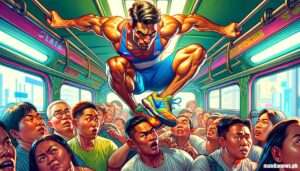 Manila News -- A vibrant and detailed close-up illustrative style image focusing on the athletic passenger in the crowded jeepney, showcasing their Olympic-level man1