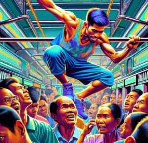 Manila News -- A vibrant and detailed close-up illustrative style image focusing on the athletic passenger in the crowded jeepney, showcasing their Olympic-level man2