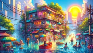 Manila News - A vibrant and detailed illustrative style image showing a 'Flooded Street Level Apartment on a Sunny Day.' The scene is a closeup of a colorful, livel (1)