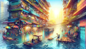 Manila News - A vibrant and detailed illustrative style image showing a 'Flooded Street Level Apartment on a Sunny Day.' The scene is a closeup of a colorful, livel (2)
