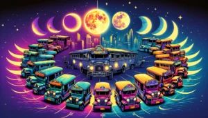 Manila News -- A vibrant , detailed illustrative style image depicting Manila's unique lunar calendar, where traditional moon phases are replaced with 'Jeepney Phases1