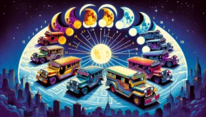 Manila News -- A vibrant , detailed illustrative style image depicting Manila's unique lunar calendar, where traditional moon phases are replaced with 'Jeepney Phases2