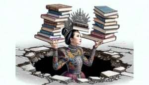 Manila News -- Create a detailed closeup illustration of a contestant from 'Manila's Next Top Model' balancing a stack of books on her head while carefully navigatin3