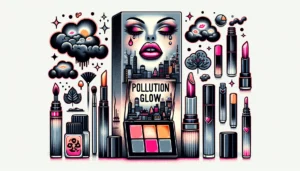 Manila News -- Create an illustration of a makeup packaging design for a satirical new skincare product called 'Pollution Glow'. The packaging should have a chic and1