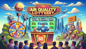 Manila News -- Design a satirical and detailed wide-aspect poster for a satirical fictional game show titled 'Air Quality Lottery Guess the PM2.5 Levels in Manila Today3 Manila News -- Design a satirical and detailed wide-aspect poster for a satirical fictional game show titled 'Air Quality Lottery Guess the PM2.5 Levels in Manila Today3
