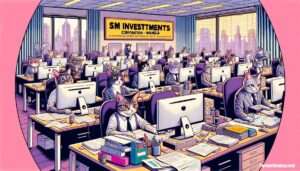 Manila News Photo -- A close-up, detailed illustration in the style of Al Jaffee, focusing on a scene within SM Investments Corporation's back-office in Manila, where cats3 Manila News Photo -- A close-up, detailed illustration in the style of Al Jaffee, focusing on a scene within SM Investments Corporation's back-office in Manila, where cats3