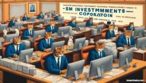 Manila News Photo -- A close-up, detailed illustration in the style of Al Jaffee, focusing on a scene within SM Investments Corporation's back-office in Manila, where cats4 Manila News Photo -- A close-up, detailed illustration in the style of Al Jaffee, focusing on a scene within SM Investments Corporation's back-office in Manila, where cats4