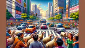 Manila News Photo - A close-up, humorous, and vibrant illustration showing a segment of the busy urban street in Taguig, Philippines, from the previous scene. Focus on a 3 Manila News Photo - A close-up, humorous, and vibrant illustration showing a segment of the busy urban street in Taguig, Philippines, from the previous scene. Focus on a 3