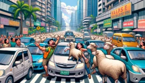 Manila News Photo - A close-up, humorous, and vibrant illustration showing a segment of the busy urban street in Taguig, Philippines, from the previous scene. Focus on a 4 Manila News Photo - A close-up, humorous, and vibrant illustration showing a segment of the busy urban street in Taguig, Philippines, from the previous scene. Focus on a 4