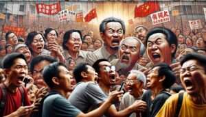 Manila News Photo - A close-up illustrative image showing the detailed reactions of people in Manila, Philippines, to Chinese propaganda. The image should zoom in on a gr5