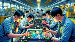 Manila News Photo -- A close-up view inside an Asian electronics factory in Manila, where technicians are intensely focused on developing a TV that turns off when politici183 Manila News Photo -- A close-up view inside an Asian electronics factory in Manila, where technicians are intensely focused on developing a TV that turns off when politici183