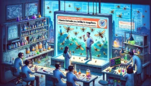 Manila News Photo --A creative and vibrant  illustration showcasing Pasay's latest pharmaceutical breakthrough vitamins that make you invisible to mosquitoes. The scene i44