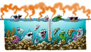 Manila News Photo - A detailed and satirical close-up illustration showing a segment of the ocean 'steaming' with heat, symbolizing the record-breaking temperatures in Fe2