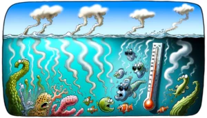 Manila News Photo - A detailed and satirical close-up illustration showing a segment of the ocean 'steaming' with heat, symbolizing the record-breaking temperatures in Fe3