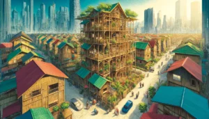 Manila News Photo -- A detailed and vibrant illustration in the style of Al Jaffee, showcasing a wide-angle, close-up view of a new eco-friendly architectural project in M2