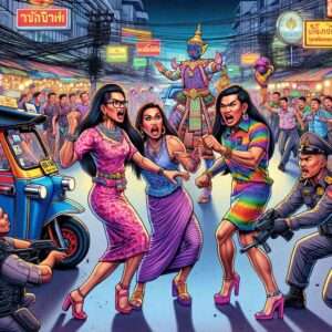 Manila News Photo - A humorous and satirical illustration depicting a chaotic scene on the streets of Bangkok's Sukhumvit Soi 11. The scene includes four transgender Fili1