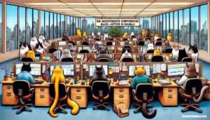 Manila News Photo -- A humorous and vibrant illustration in the style of Al Jaffee, showing a wide, close-up view of SM Investments Corporation's back-office in Manila, no2 Manila News Photo -- A humorous and vibrant illustration in the style of Al Jaffee, showing a wide, close-up view of SM Investments Corporation's back-office in Manila, no2