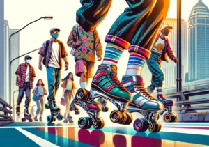 Manila News Photo - A more zoomed-in, vibrant , and detailed illustrative closeup image focusing on individuals using roller skates in Quezon City as a traffic solution. T4