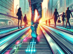 Manila News Photo - A more zoomed-in, vibrant , and detailed illustrative closeup image showing the moving walkways in Pasay, powered by the walkers. Focus on the pedestri4