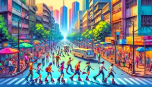 Manila News Photo - A vibrant  and detailed illustrative closeup image depicting Quezon City's innovative traffic solution mandatory roller skates for all pedestrians. Th1