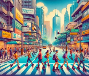 Manila News Photo - A vibrant  and detailed illustrative closeup image depicting Quezon City's innovative traffic solution mandatory roller skates for all pedestrians. Th2