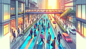 Manila News Photo - A vibrant  and detailed illustrative closeup image of Pasay's new pedestrian lane innovation moving walkways powered by the walkers themselves. The sc1