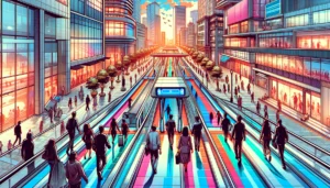 Manila News Photo - A vibrant  and detailed illustrative closeup image of Pasay's new pedestrian lane innovation moving walkways powered by the walkers themselves. The sc2